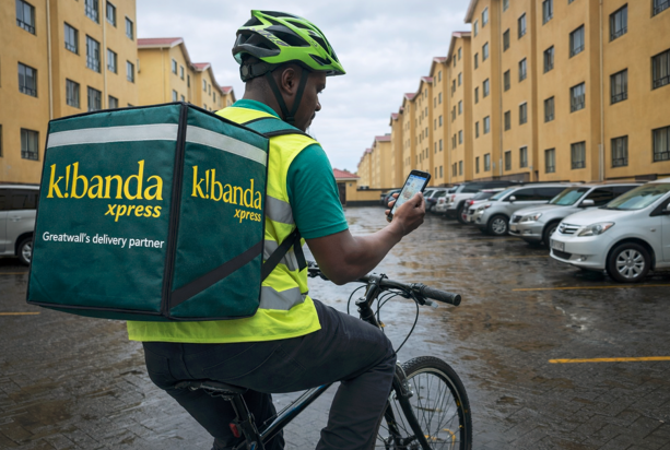 A Kibanda delivery rider navigating the streets of Greatwall Gardens, Athi River, using the Kibanda app to fulfill a customer order.